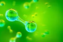  »»Grünes Wasserstoffgasmolekül H2. Erzeugung von grüner Wasserstoffenergie mit erneuerbarer Energie, nachhaltige alternative saubere Wasserstoff H2-Ökoenergie, der Brennstoff der künftigen Industrie, 3D-Hintergrund««